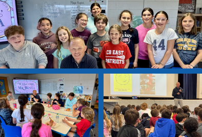  3 photos-of author speaking to gym filled with kids, and 2 of students having lunch with the author
